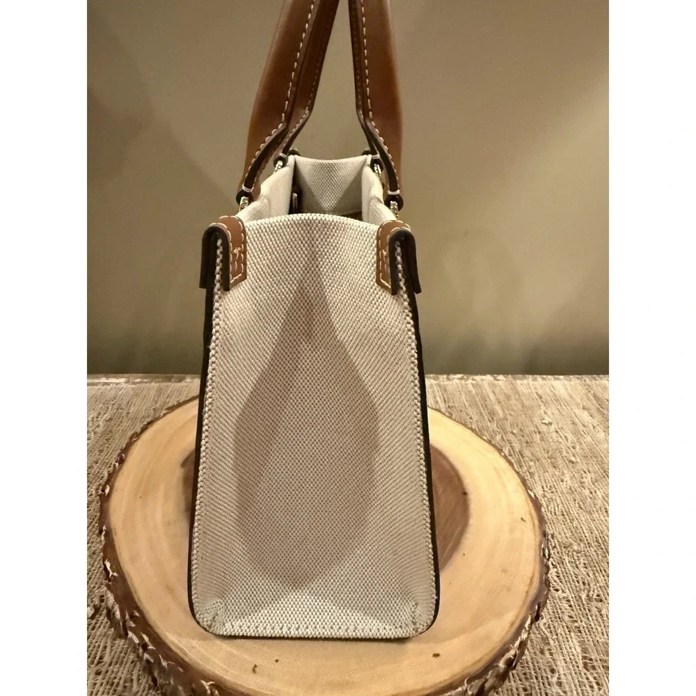 Tory Burch Blake Canvas Classic  Cuoio Small Tote Natural & Tan Style 145356 New
